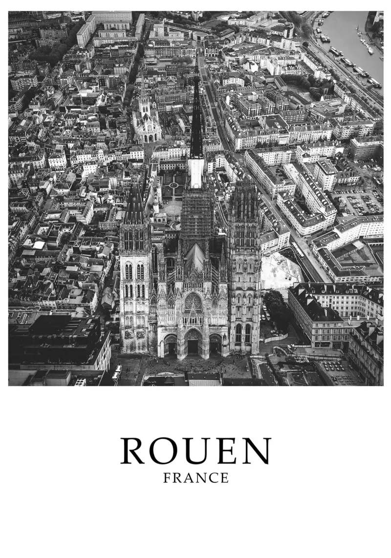Rouen Francia Paesaggio urbano in scala di grigi poster con telaio in plastica da Charnwood Prints