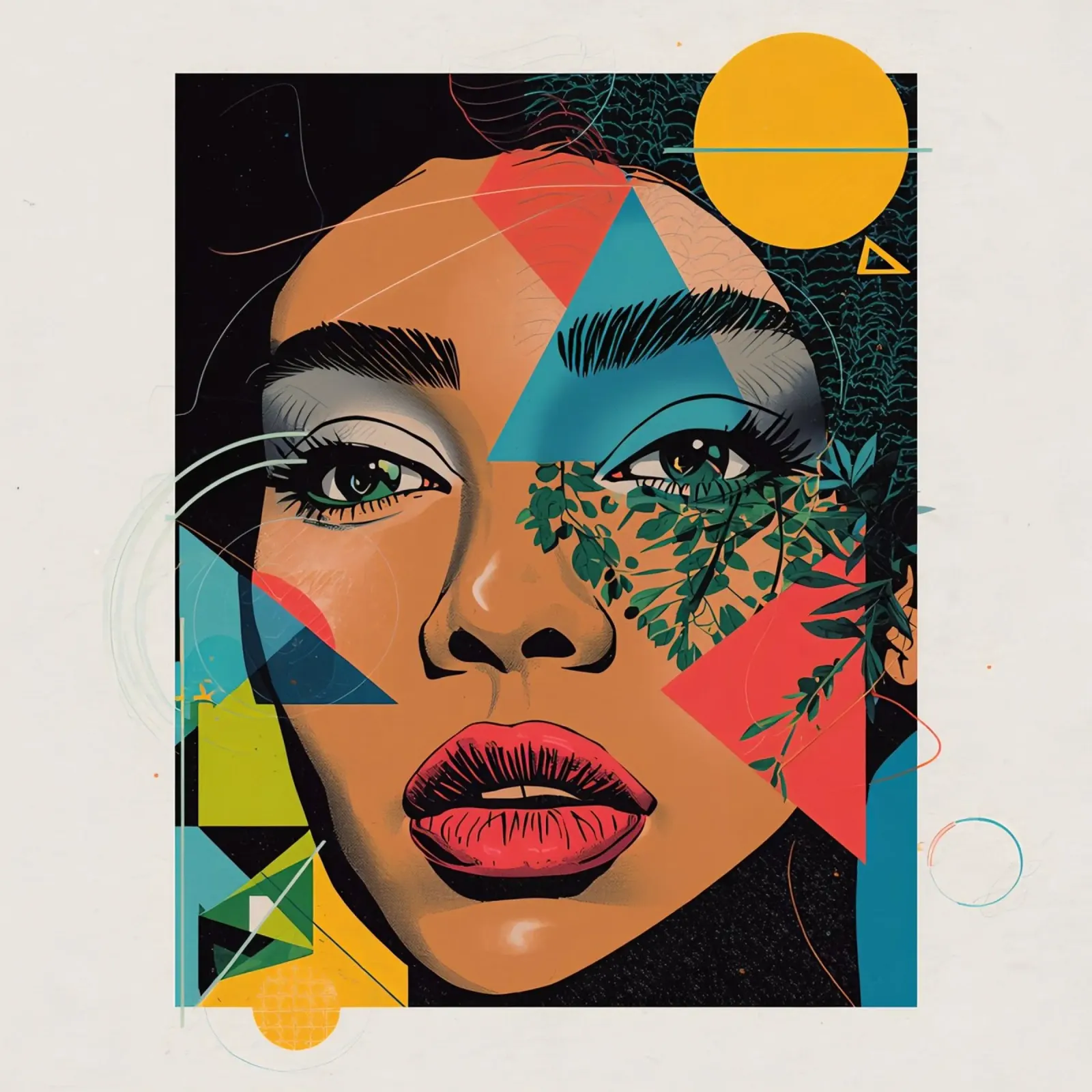 Woman's Portrait with Geometric and Botanical Overlays canvas with Floater frame by DesignDoodle