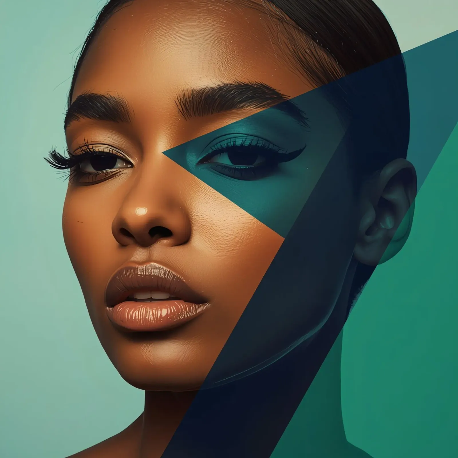 Ritratto di donna con sovrapposizioni geometriche di colori poster con telaio in legno da DesignDoodle