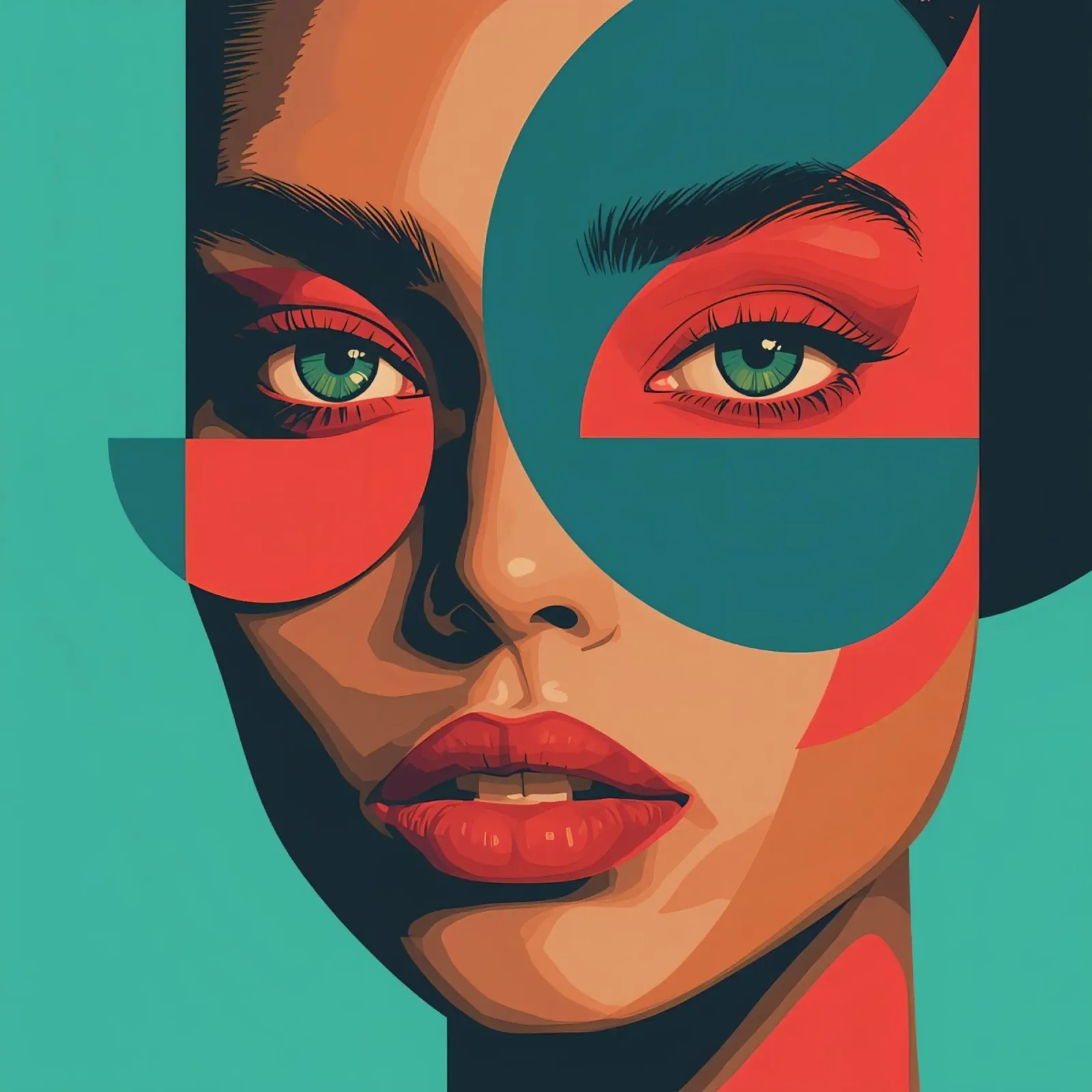 Ritratto di donna con forme geometriche e colori vivaci poster con telaio in legno da DesignDoodle