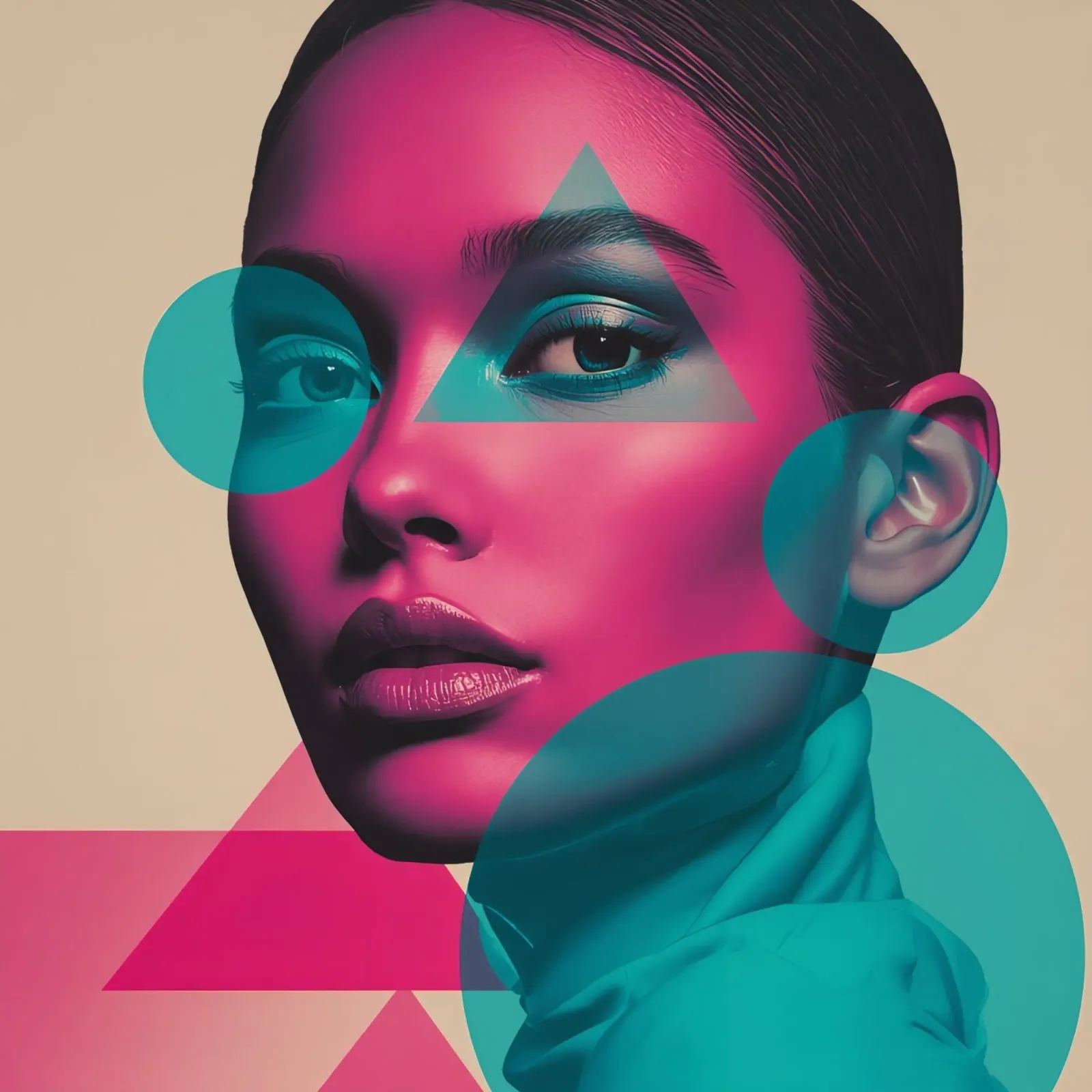 Woman's Portrait with Pink Skin and Overlaid Geometric Shape poster with aluminum frame by DesignDoodle