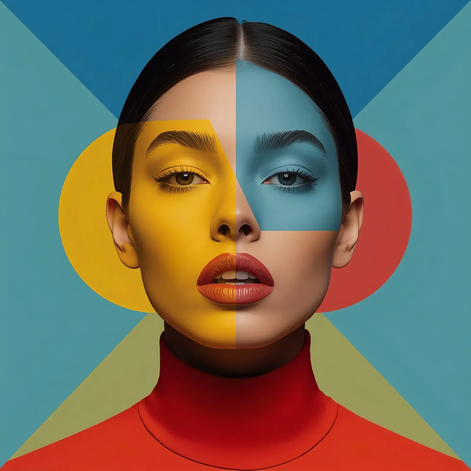 Woman's Portrait with Split Colored Face and Geometric art canvas with Floater frame by DesignDoodle