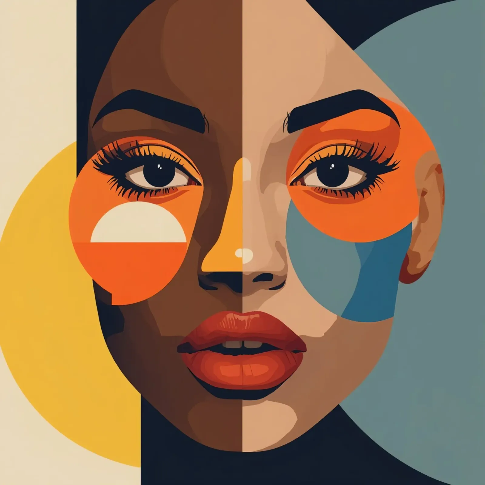 Woman's Portrait with Split Skin Tone and Geometric Shapes canvas by DesignDoodle
