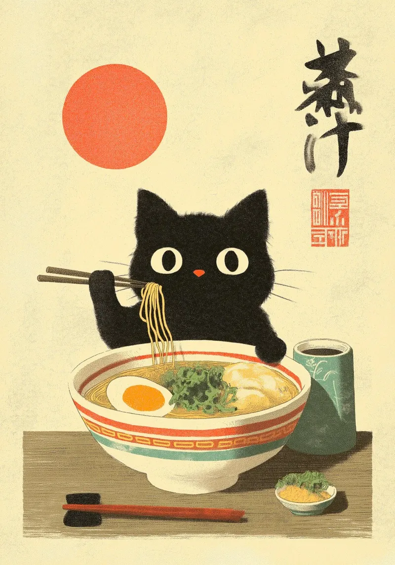 Chat noir kawaii mangeant des ramen avec une baguette poster avec cadre en plastique de Fleur de Lys