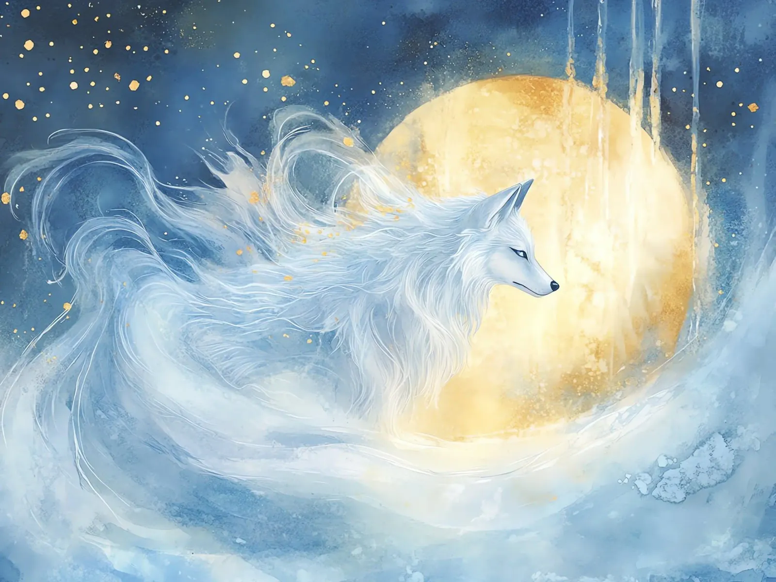 Lupo magico sotto la luna d'oro poster da Théïa's Fantasia World