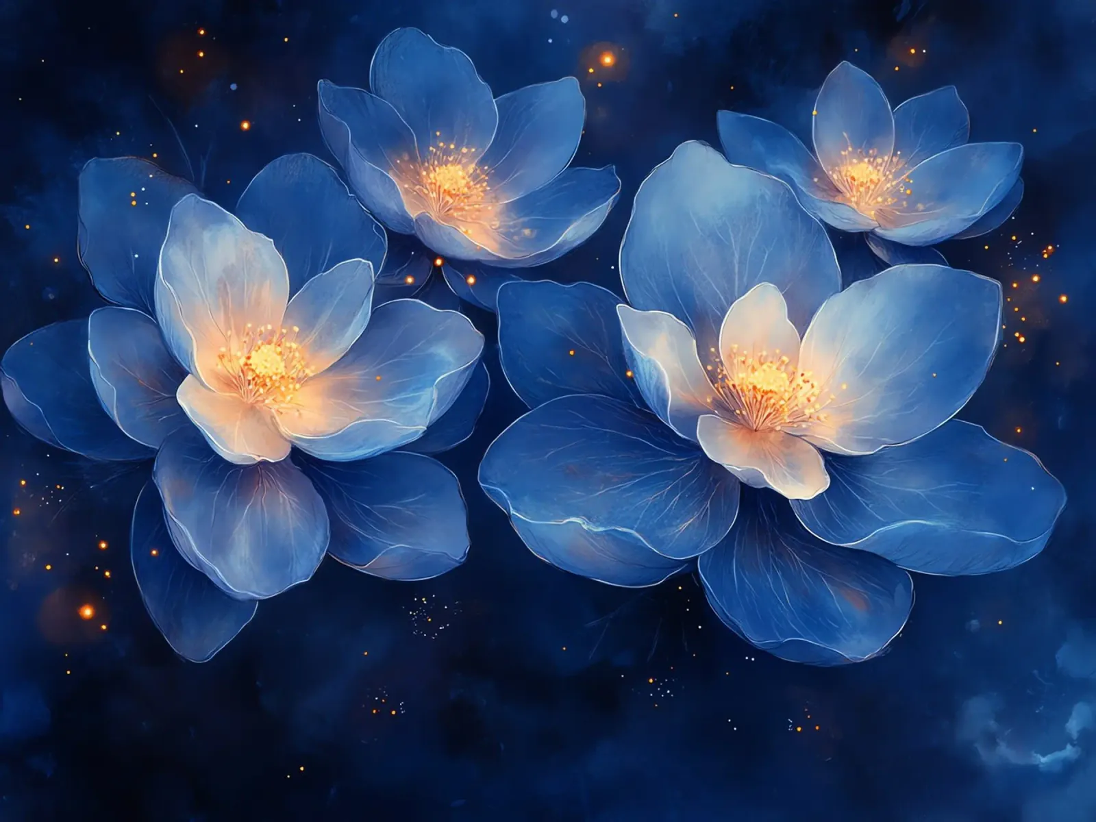 Fleurs d'Étoiles: blu e oro nella notte poster con telaio in legno da Théïa's Fantasia World