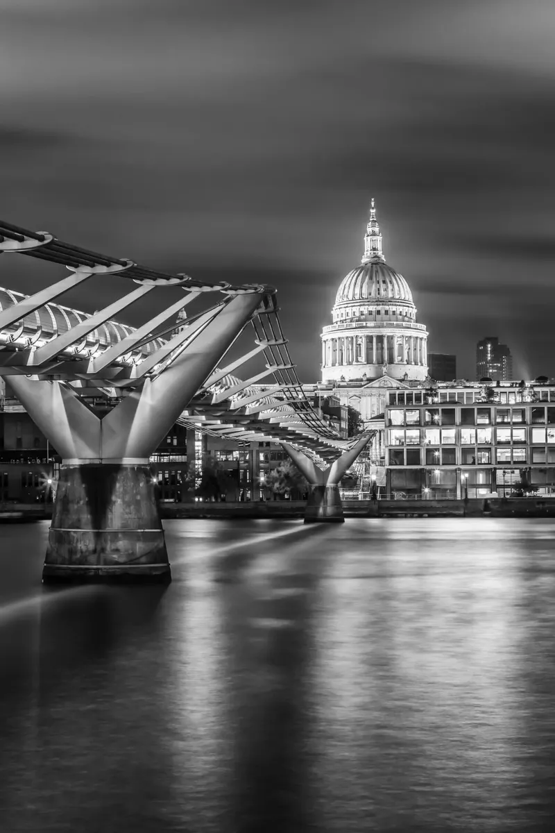 LONDON St Paul's in the glow of lights at night - monochrome canvas with Floater frame by Melanie Viola
