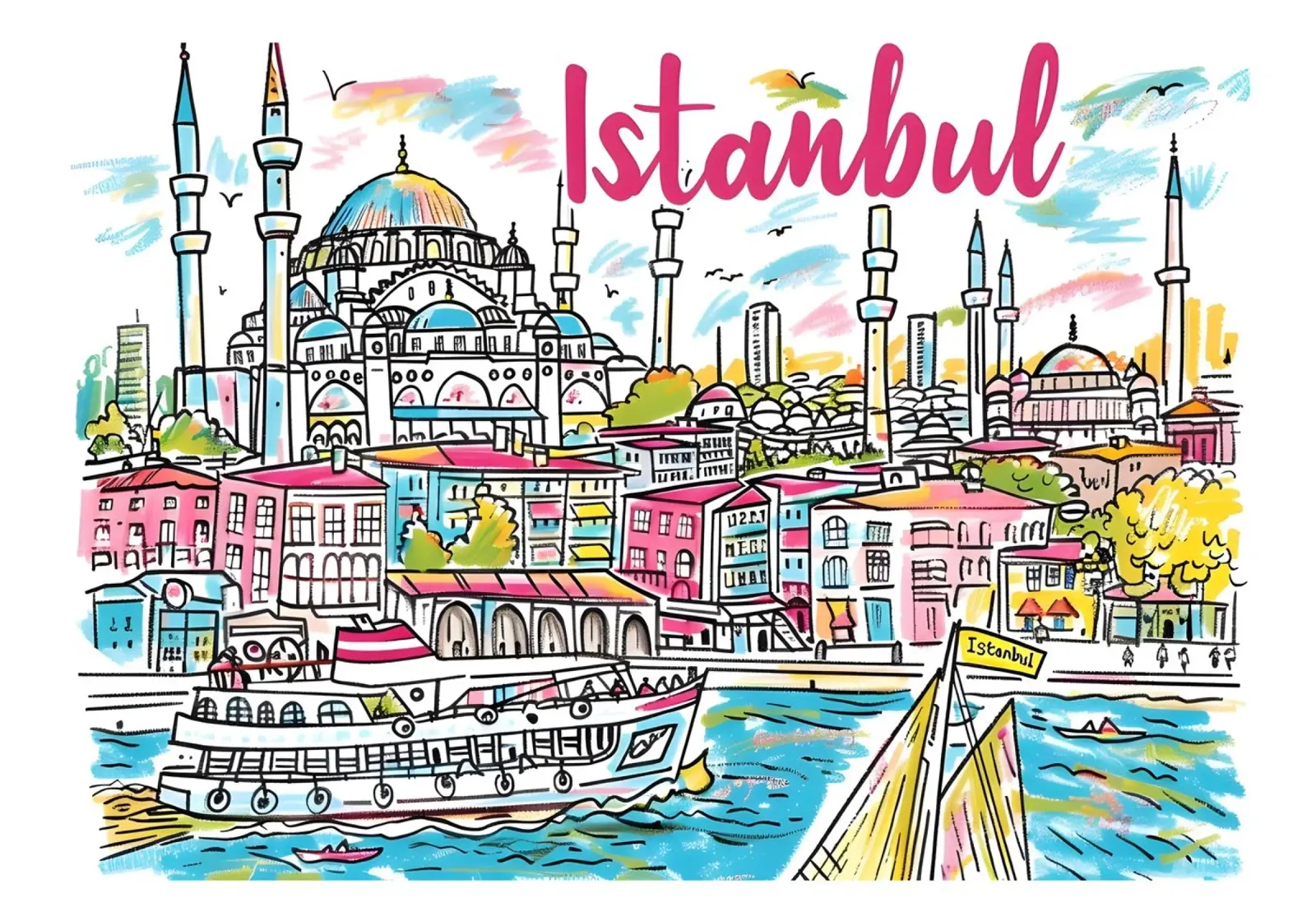 Levendige Istanbul Skyline | Pop Art Stadsgezicht Reis Poster canvas met Baklijst van homdeco
