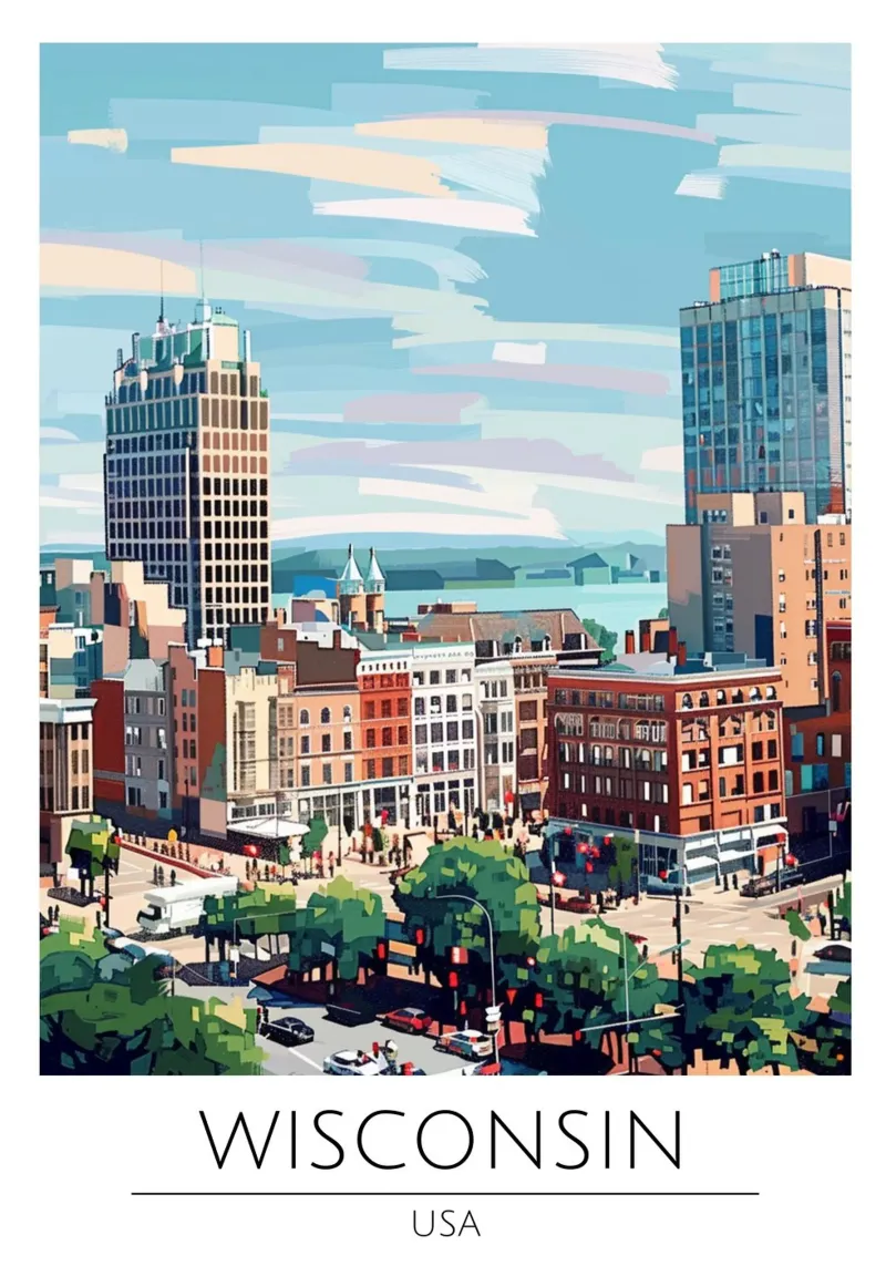 Paesaggio urbano del Wisconsin - Poster di viaggio moderno d'epoca tela con Cornice a cassetta da homdeco