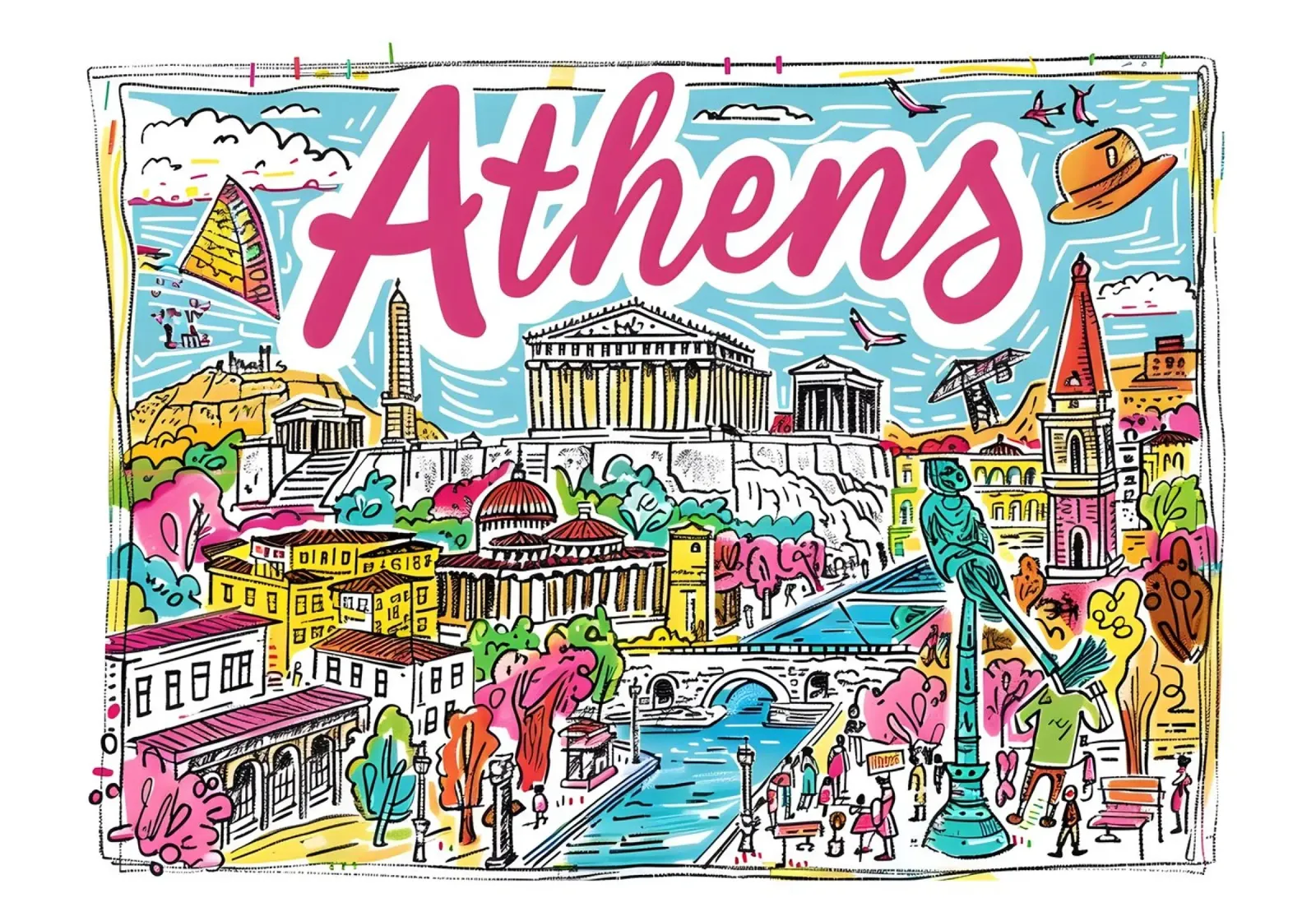 Poster di viaggio della Grecia con il profilo storico di Atene e la sua arte pop tela con Cornice a cassetta da homdeco