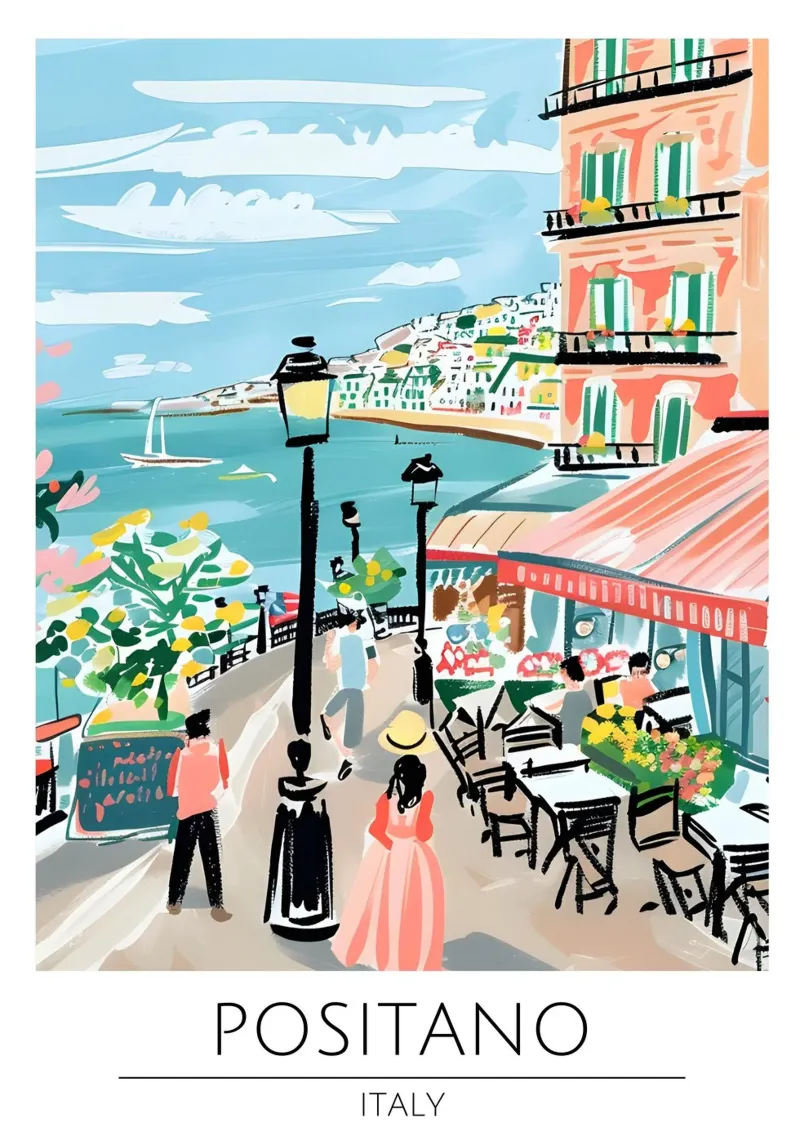 Positano Italië | Retro Kuststad Reisposter canvas met Baklijst van homdeco