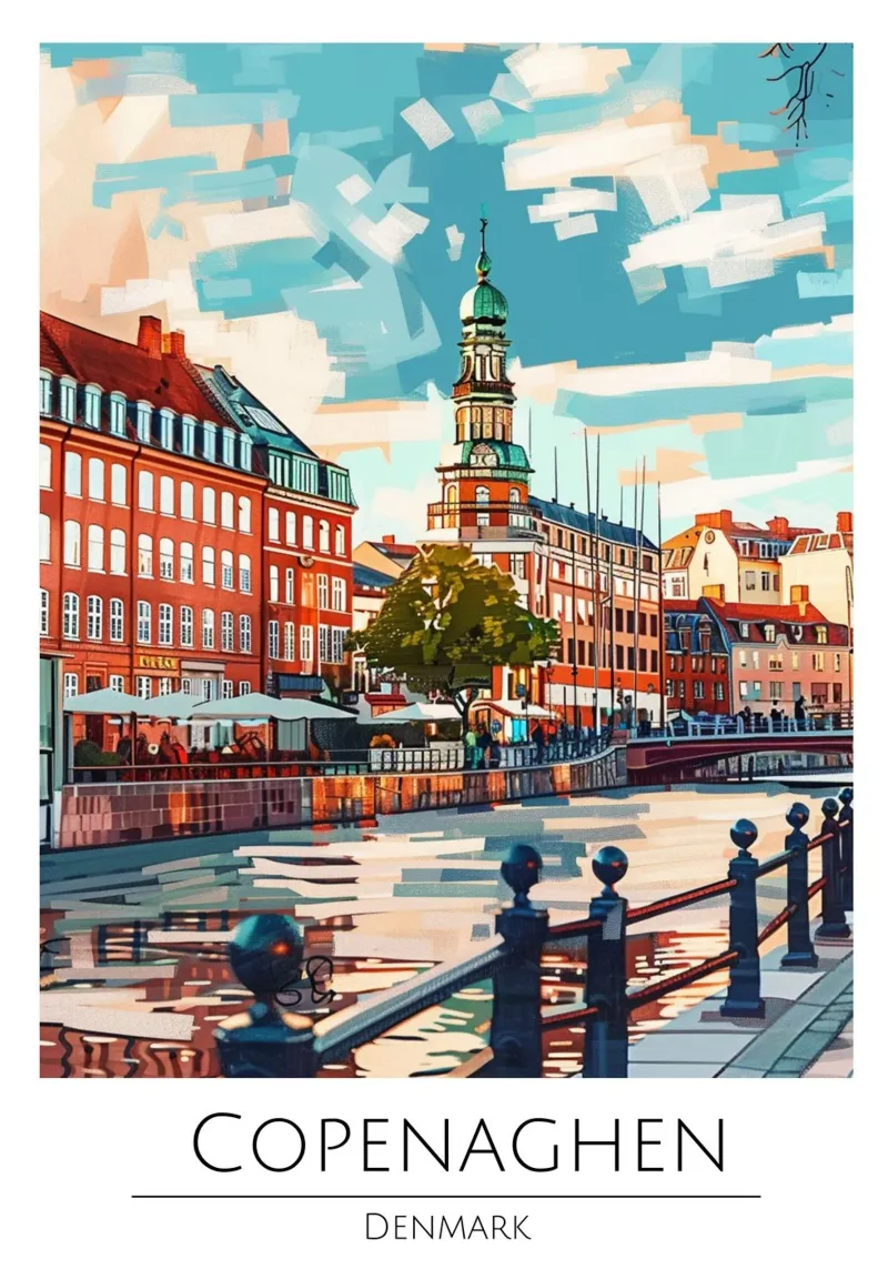 Copenaghen Danimarca | Poster moderno d'epoca con paesaggio urbano poster con telaio in plastica da homdeco