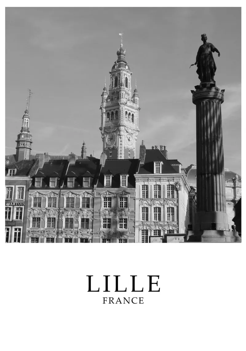 Lille Francia Architettura Scena in scala di grigi poster con telaio in legno da Charnwood Prints