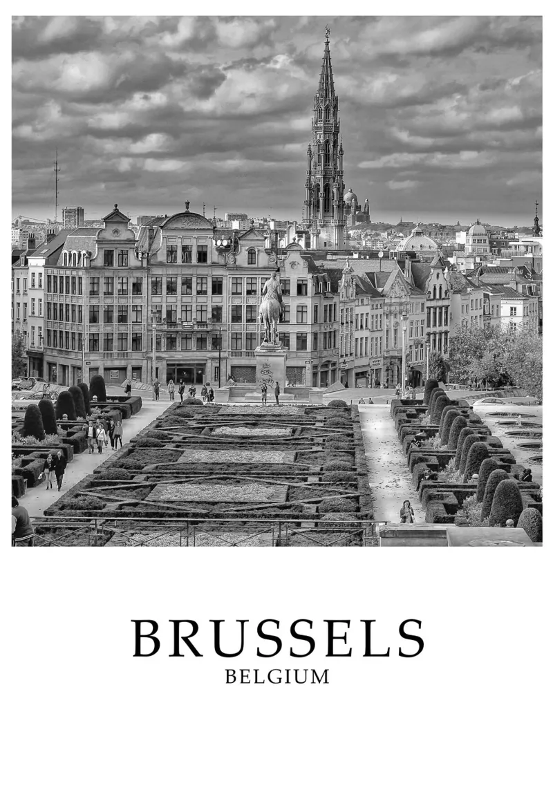 Bruxelles Belgio, paesaggio urbano in scala di grigi poster con telaio in plastica da Charnwood Prints
