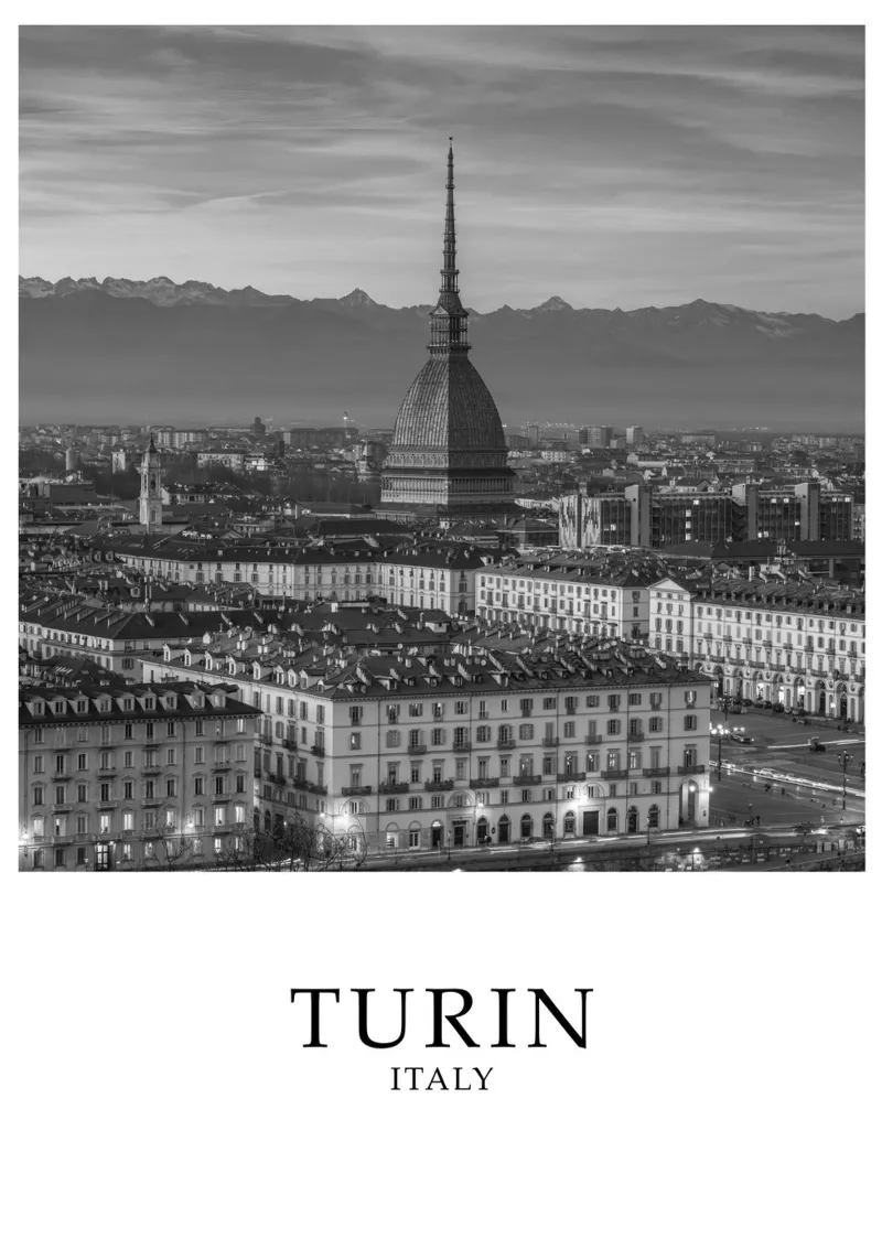 Torino Italia Skyline Scena in scala di grigi poster con telaio in alluminio da Charnwood Prints