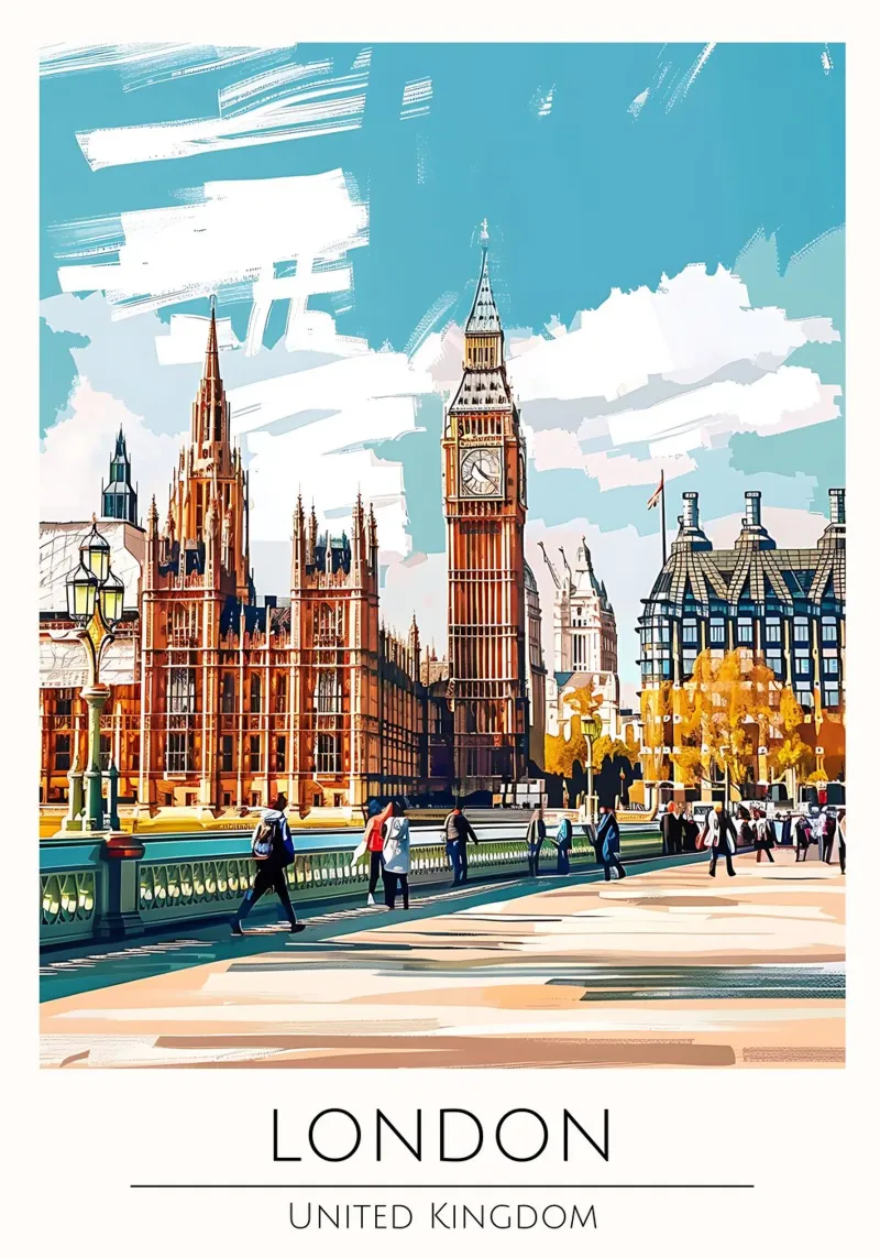Londra, Regno Unito - Poster di viaggio in stile vintage poster con telaio in alluminio da homdeco