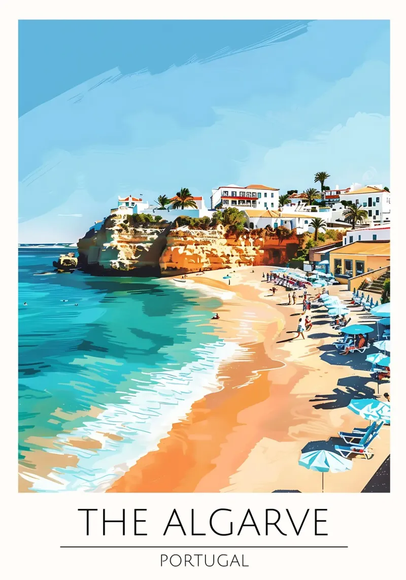 Spiaggia di Algarve, Portogallo - Poster di viaggio in stile vintage poster con telaio in alluminio da homdeco