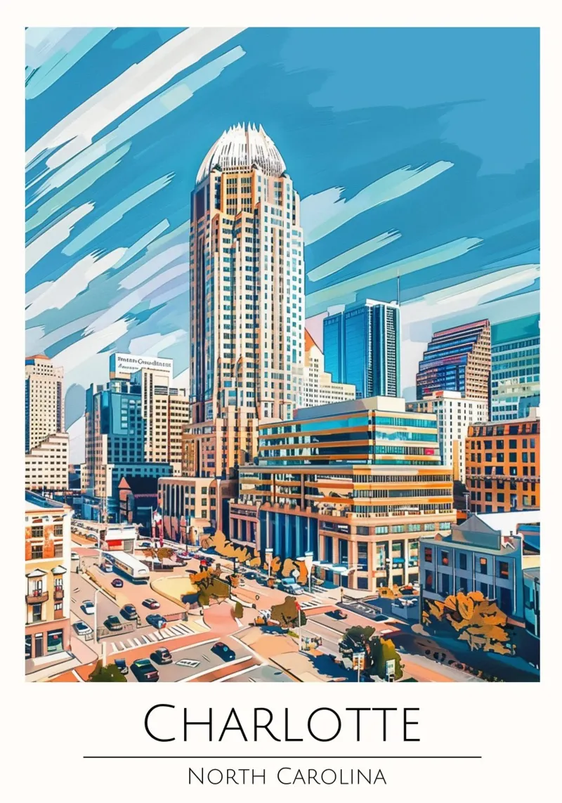 Charlotte, Carolina del Nord - Poster di viaggio in stile vintage tela con Cornice a cassetta da homdeco