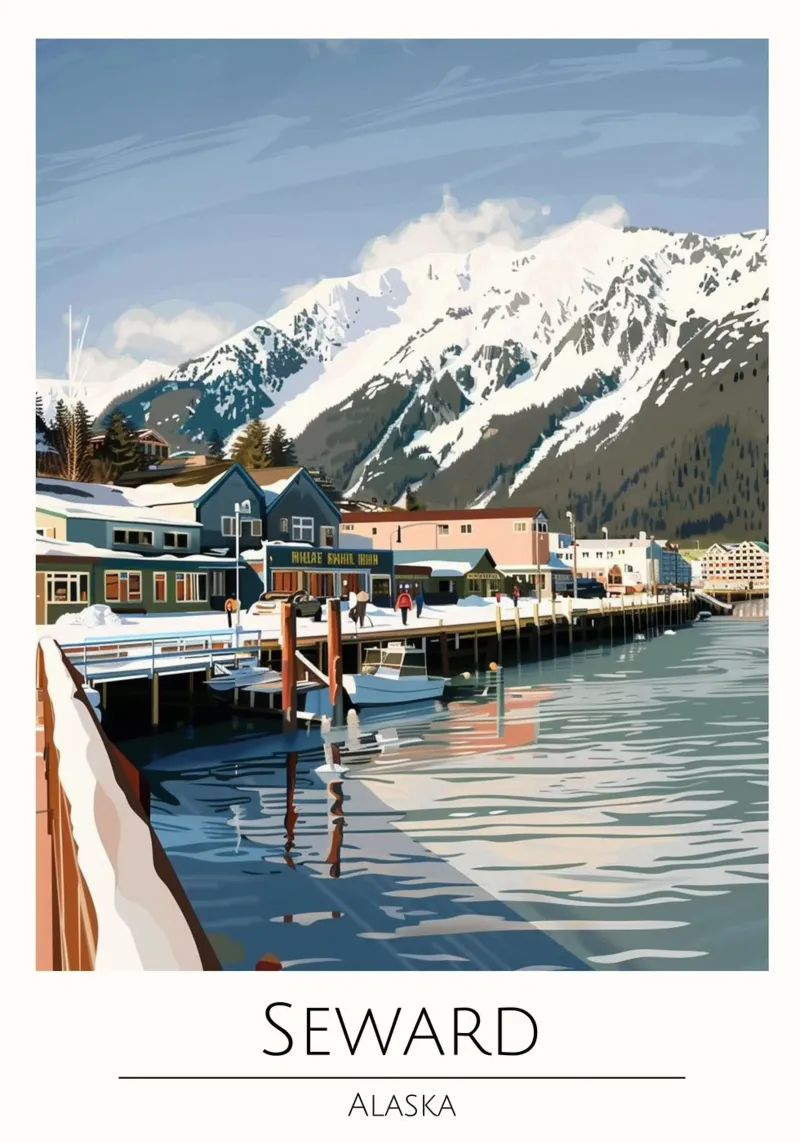 Seward, Alaska - Poster di viaggio in stile vintage poster con telaio in legno da homdeco