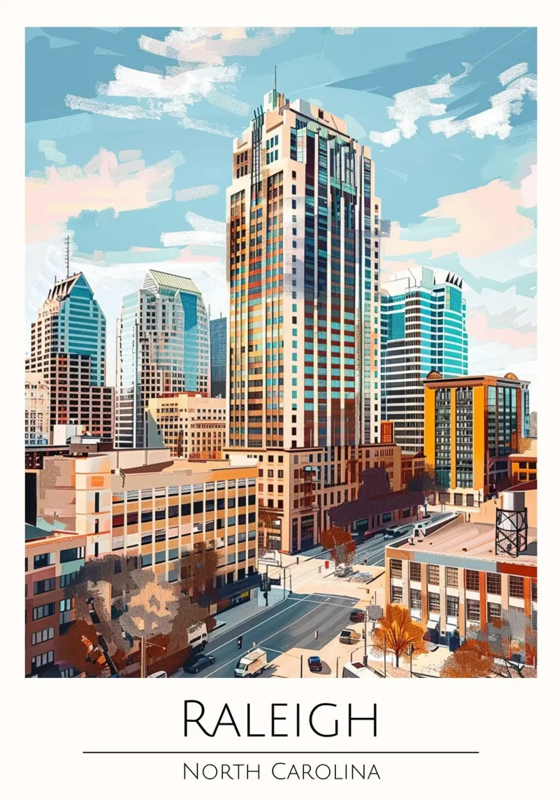 Raleigh, Carolina del Nord - Poster di viaggio in stile vintage tela con Cornice a cassetta da homdeco