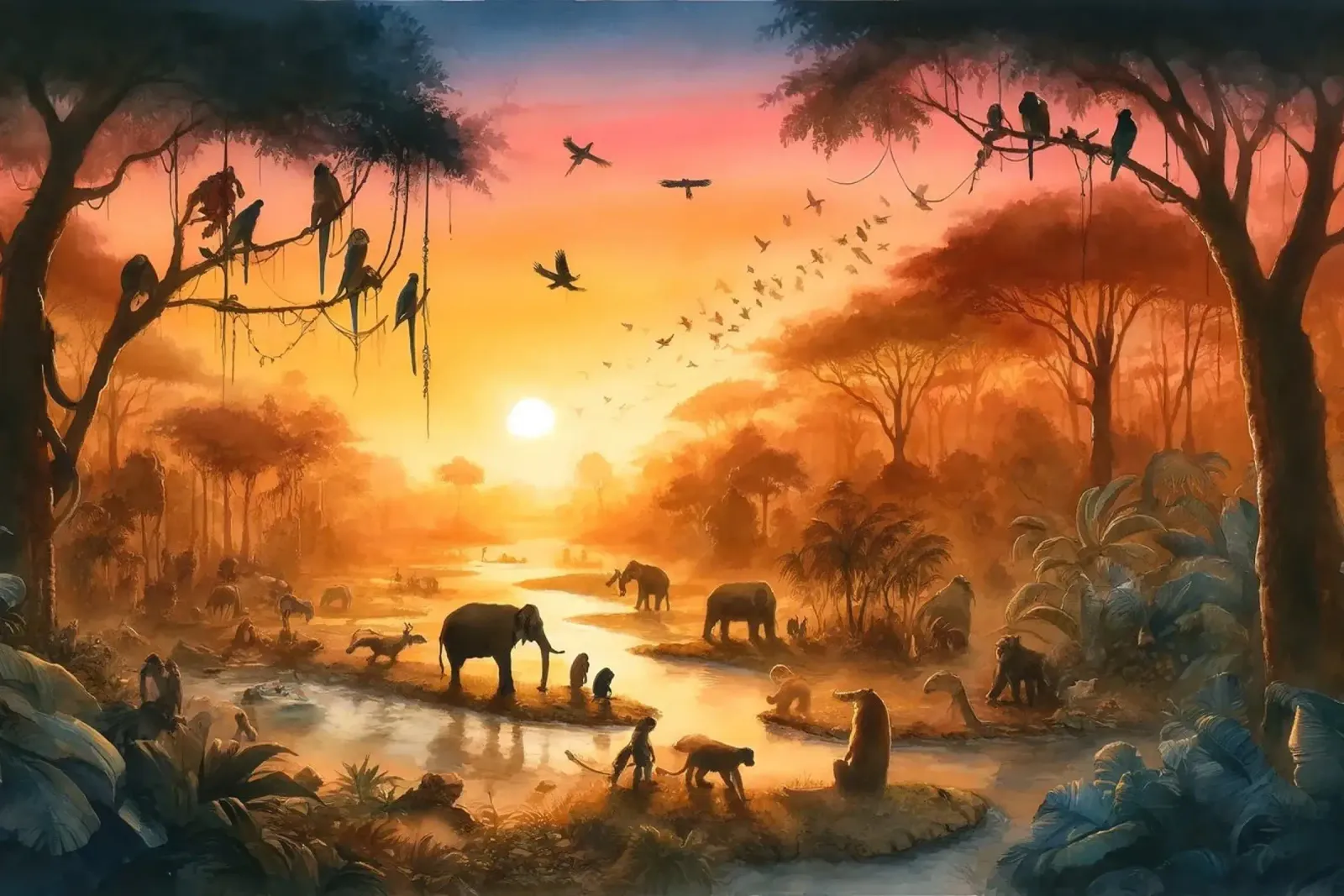 Serenità crepuscolare nella dimora della giungla poster con telaio in plastica da Chromatic Fusion Studio