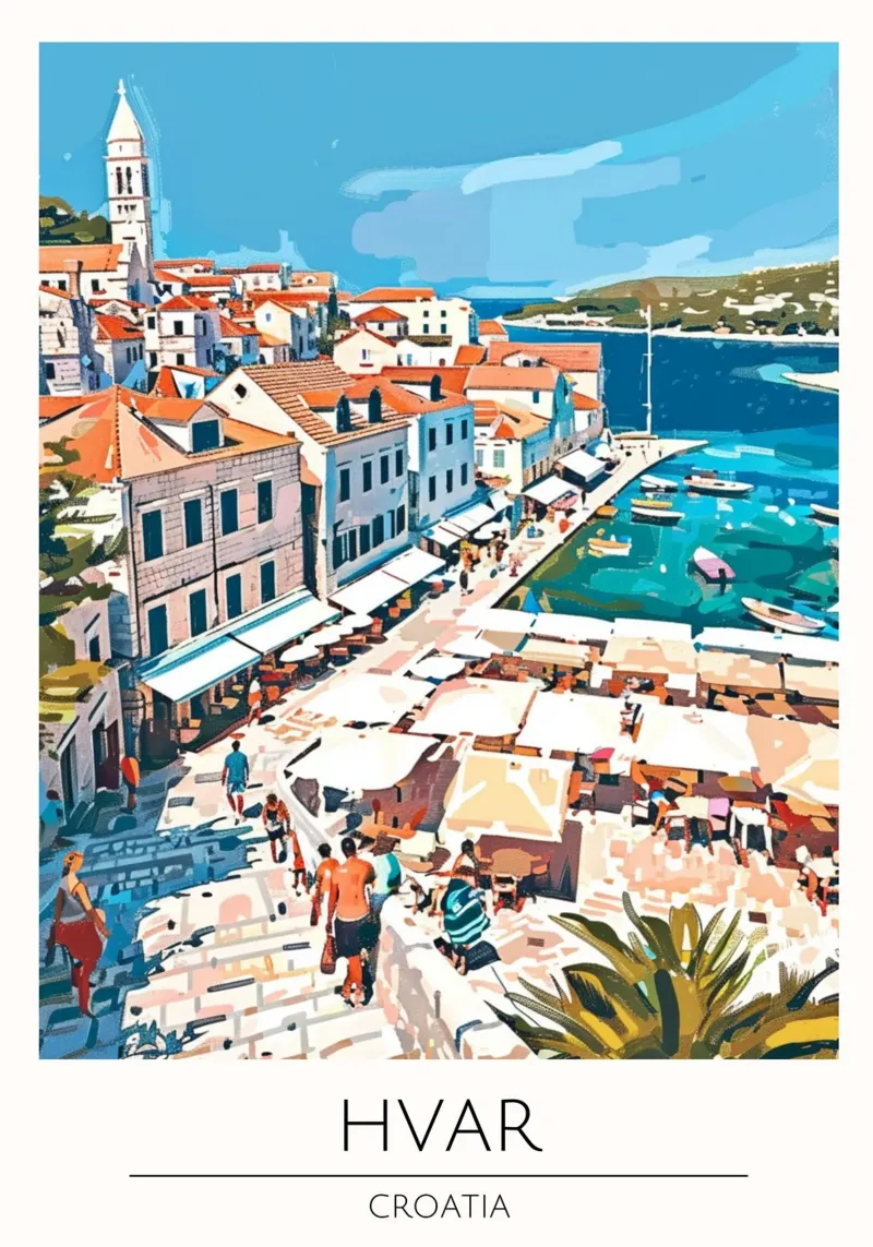 Hvar, Croazia - Poster di viaggio in stile vintage tela con Cornice a cassetta da homdeco