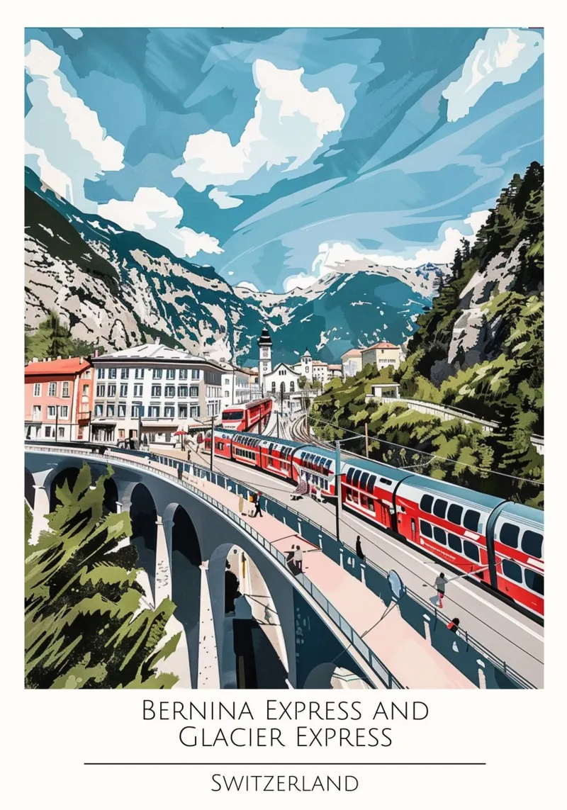 Bernina & Glacier Express - Vintage Zwitserse Reisposter canvas met Baklijst van homdeco