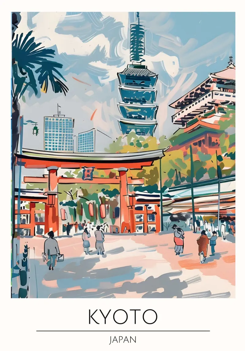 Kyoto, Giappone - Poster per tempio in stile vintage poster con telaio in legno da homdeco