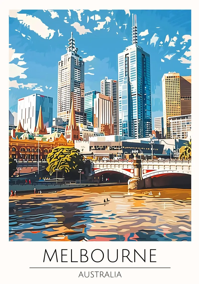 Melbourne, Australia - Poster con paesaggio urbano in stile vintage poster con telaio in alluminio da homdeco