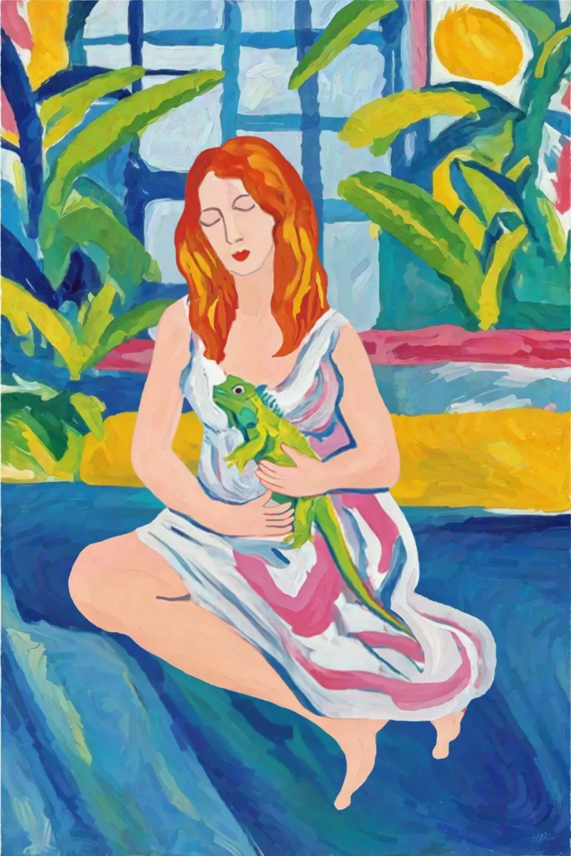 Donna con iguana, stampa ritratto della natura tropicale in grassetto tela con Cornice a cassetta da Hecate Pim Designs