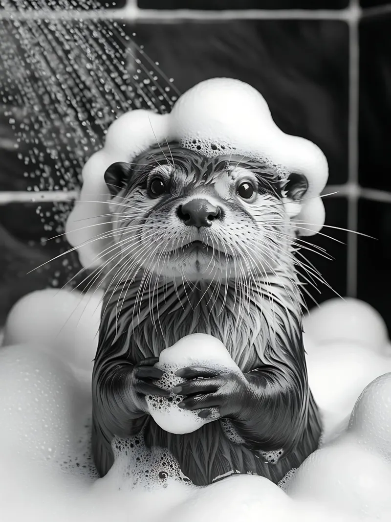 Nutria espumosa en la ducha poster con marco de plástico de Plain Thoughts