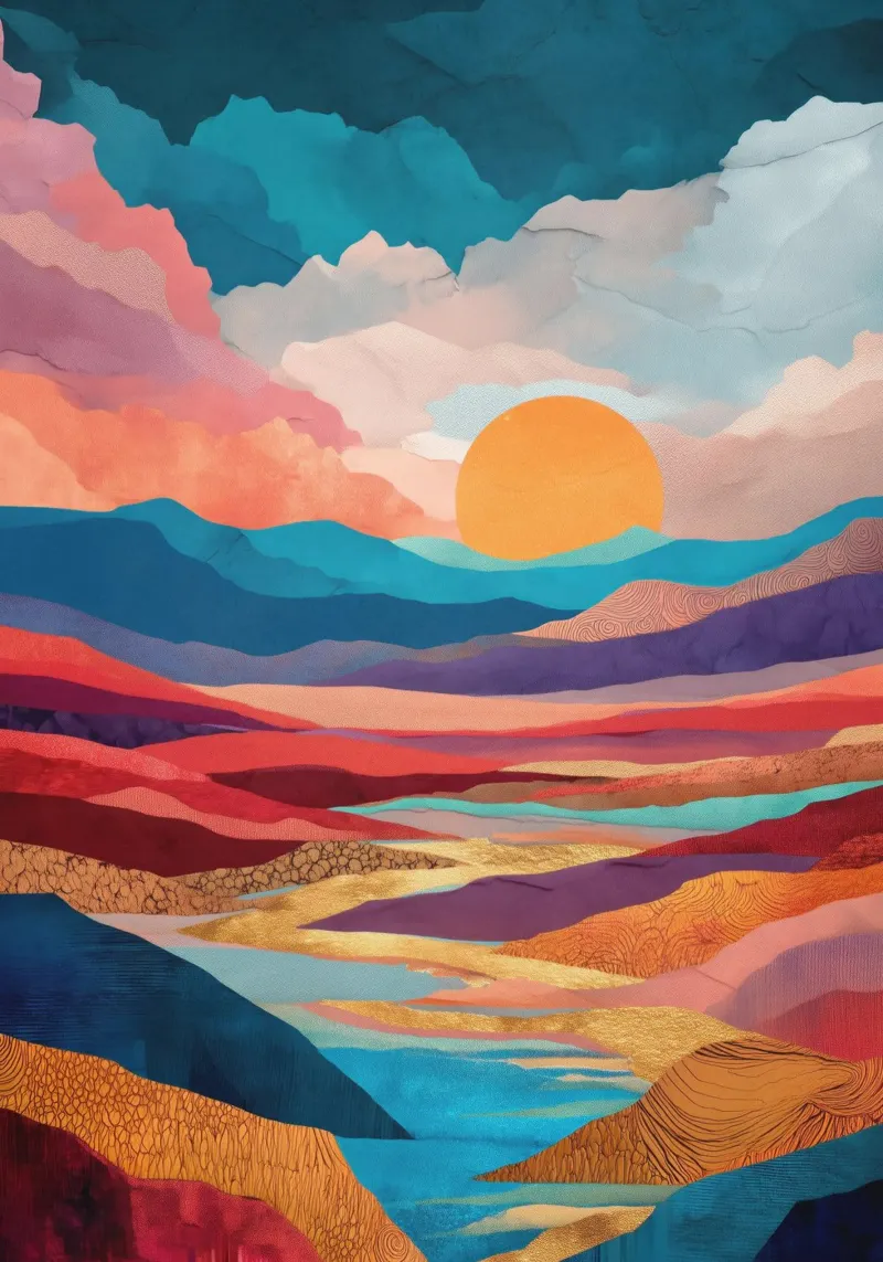 Abstract Colorful Landscape with Golden River and Sunset Sky poster con telaio in plastica da Dune