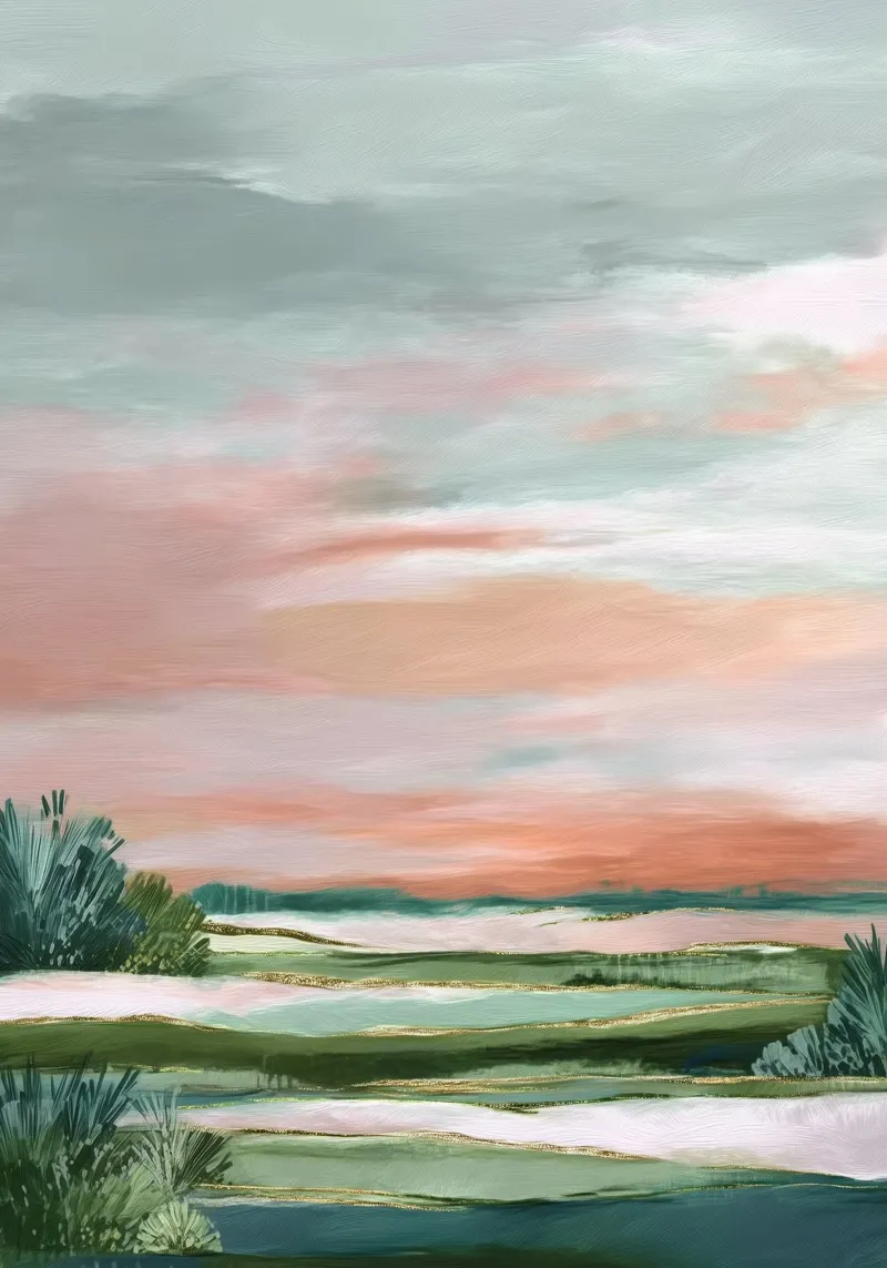 Blush Meadow - Modern Soft Landscape in Green and Rose poster con telaio in alluminio da Dune