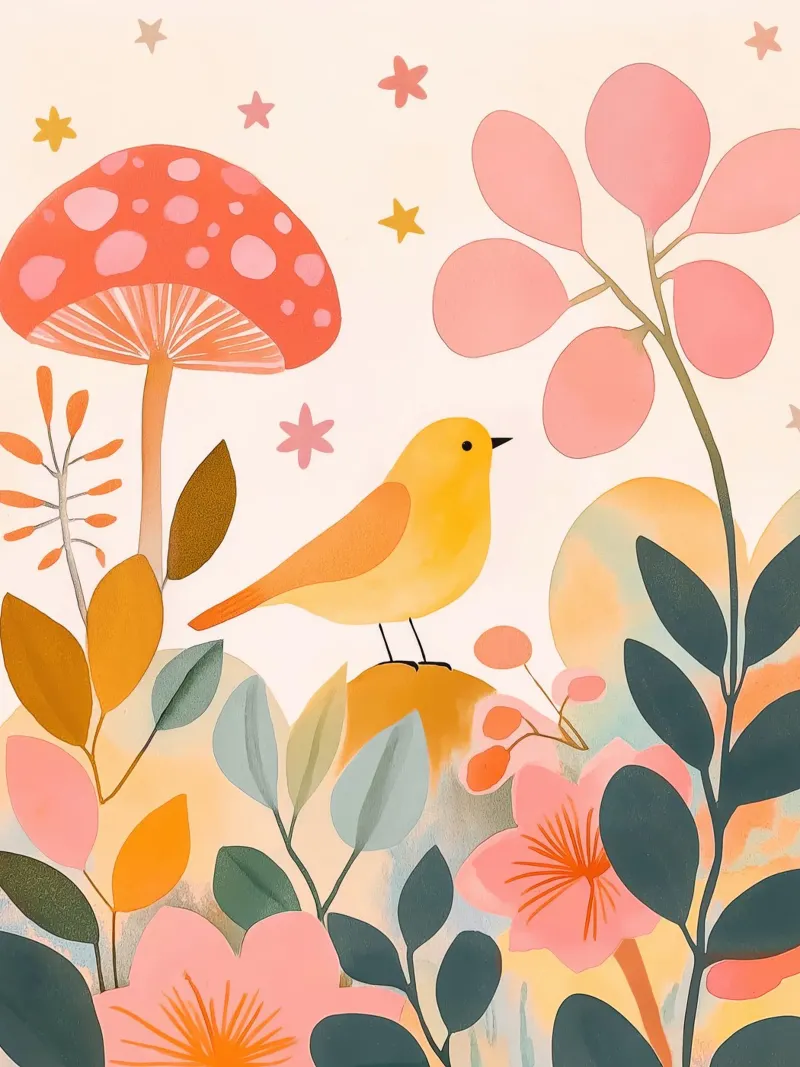 Cute Yellow Bird in Mushroom Garden Boho Botanical Autumn poster with wooden frame by Gentle Echoes Art