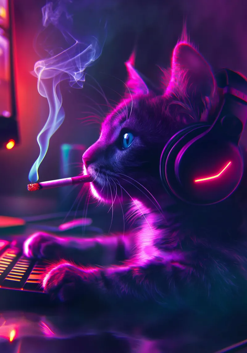 Gatto gamer che fuma la sigaretta poster con telaio in plastica da Fleur de Lys
