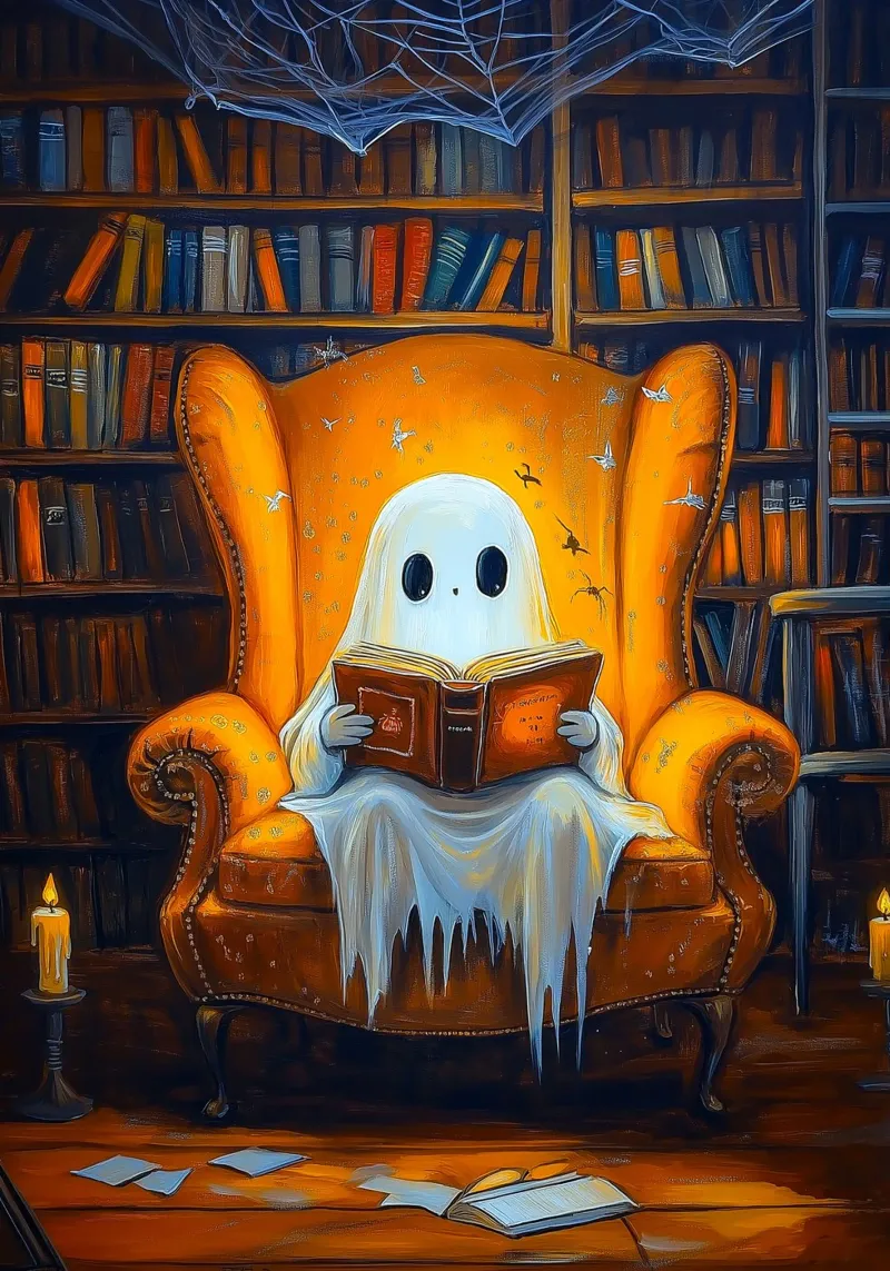 Il fantasma di Halloween legge un libro in biblioteca poster con telaio in alluminio da Fleur de Lys