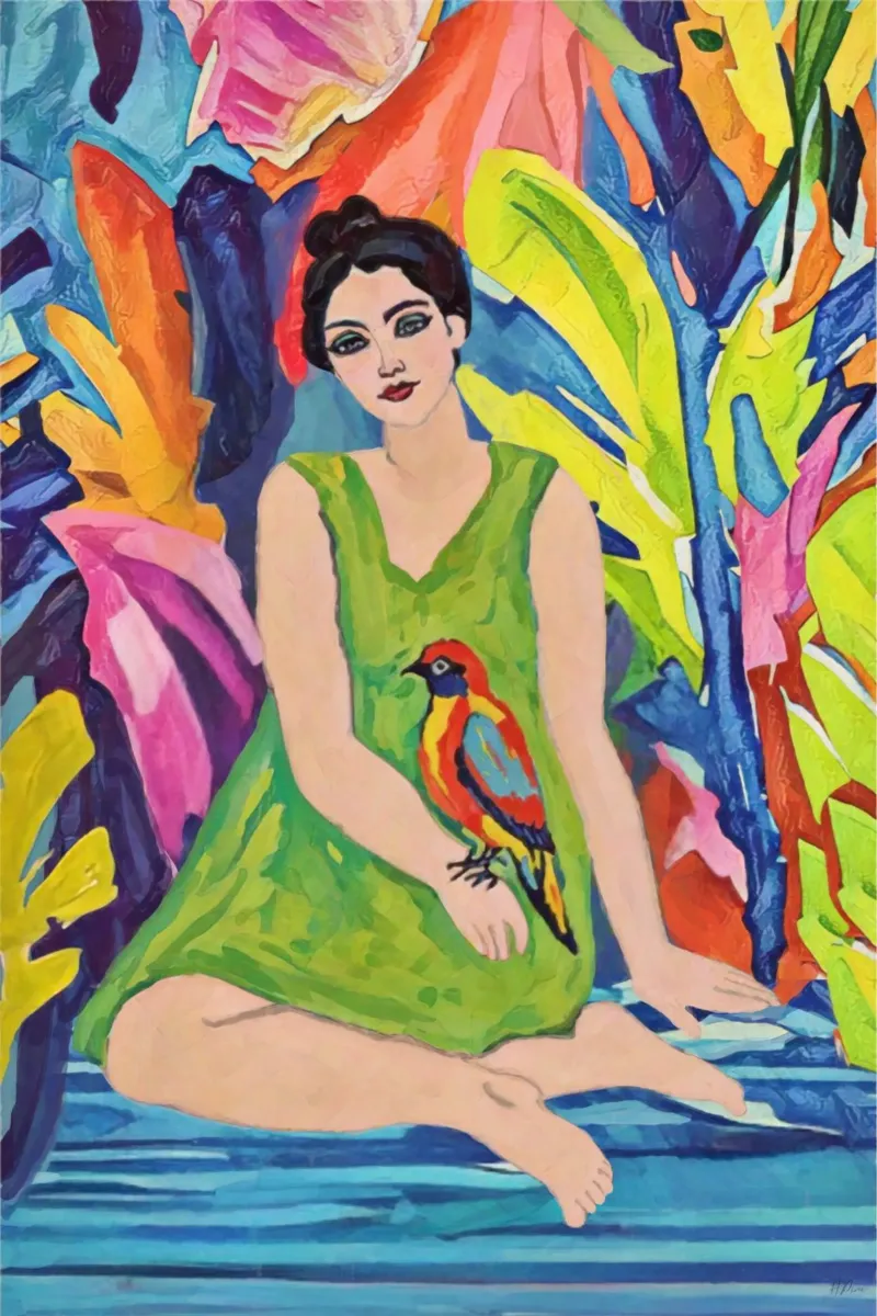 Donna in abito verde con uccello, vibrante figurazione tropicale poster da Hecate Pim Designs