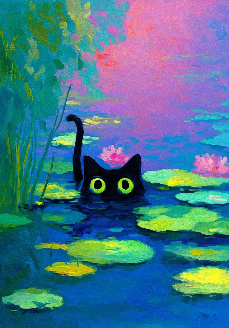 Gatto nero che nuota poster con telaio in plastica da Fleur de Lys