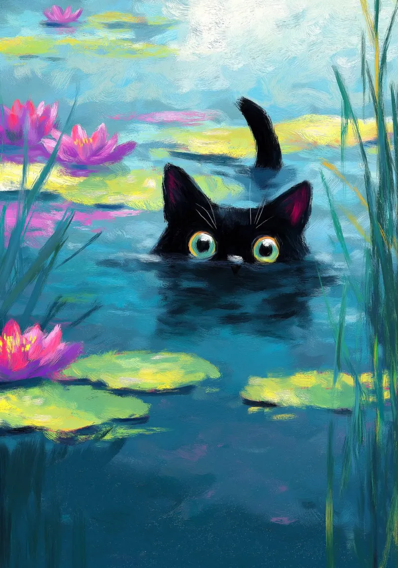 Divertente Gatto nero che nuota poster con telaio in alluminio da Fleur de Lys