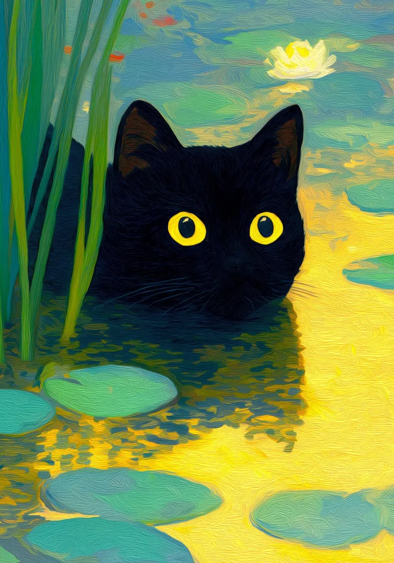 Drôle de chat noir nageant dans l'eau poster avec cadre en aluminium de Fleur de Lys