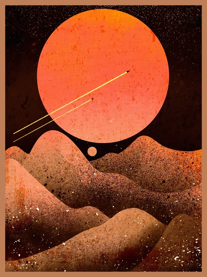 sole luna montagne spazio poster con telaio in alluminio da Christine N Shay