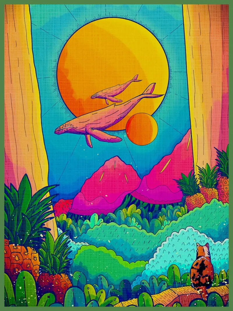 balene sole montagne alberi poster con telaio in legno da Christine N Shay
