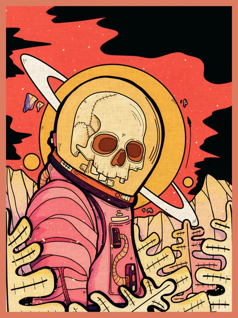 scheletro astronauta spazio pianeta poster con telaio in plastica da Christine N Shay