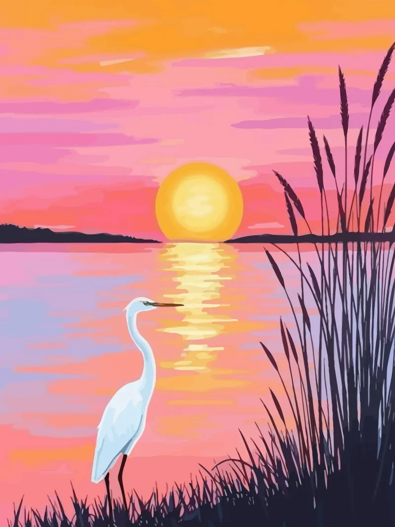 egret on the river bank at sunset poster con telaio in plastica da Dumery Art