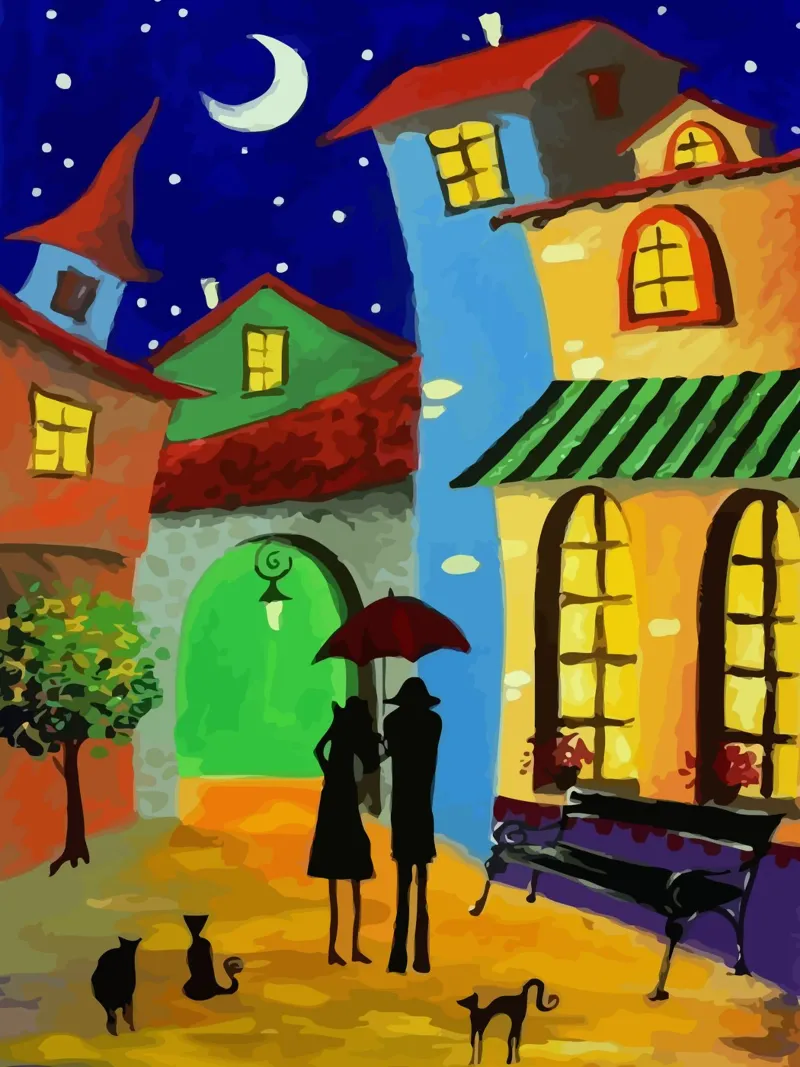 a couple of lovebirds and a cat at nigh poster con telaio in plastica da Dumery Art