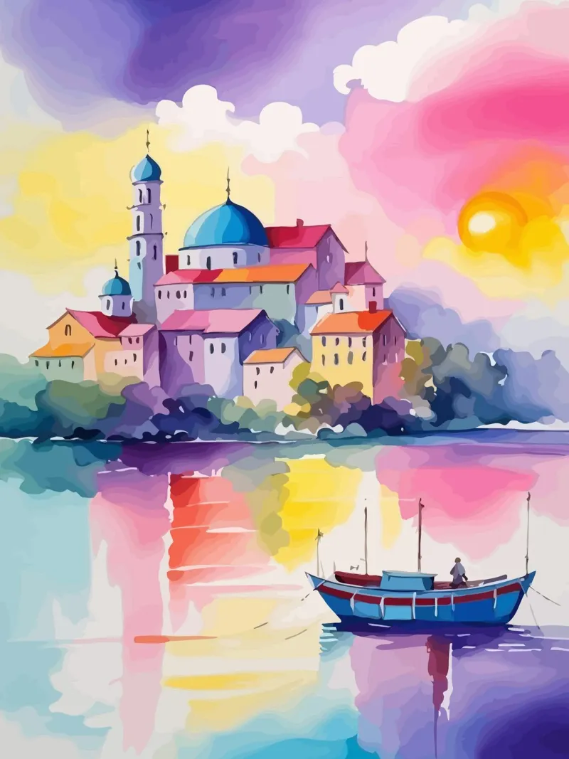 small ship and mosque poster con telaio in alluminio da Dumery Art
