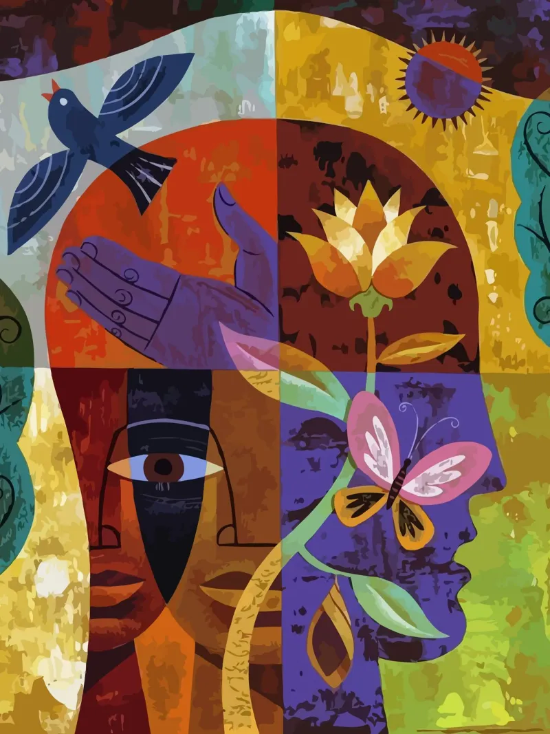 illustration of human face and bird poster con telaio in legno da Dumery Art