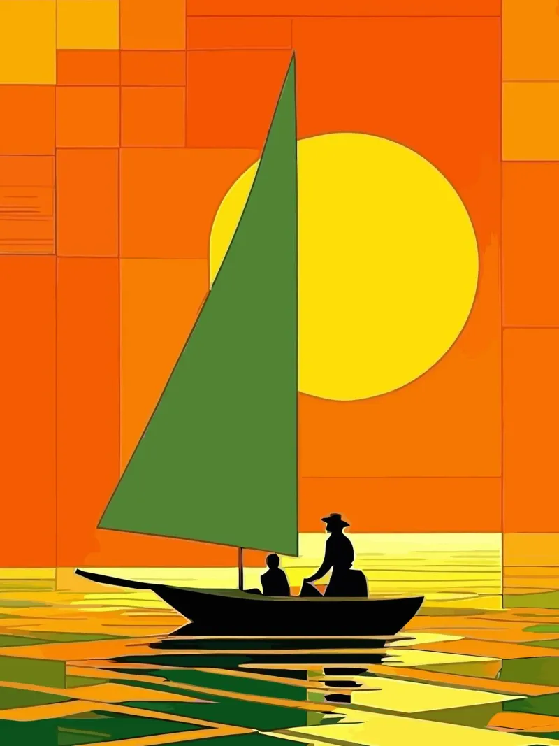 small ship in the sunset ocean poster con telaio in alluminio da Dumery Art