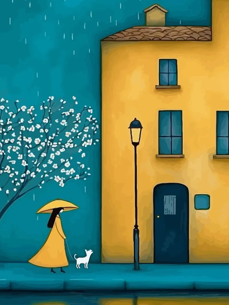 woman and her dog walking in the rain poster da Dumery Art