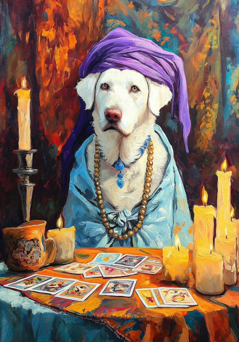 Pintura de perro adivino poster con marco de madera de Fleur de Lys